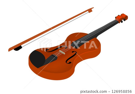 Isometric violin and string bow musical instrument top view. Classical viola instrument aerial view. Realistic 3D vector concept isolated on white background 126958856
