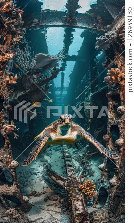 Sea Turtle Exploring an Underwater Shipwreck Surrounded by Coral and Marine Life Sea Turtle Exploring an Underwater Shipwreck Surrounded by Coral and Marine Life 126959130