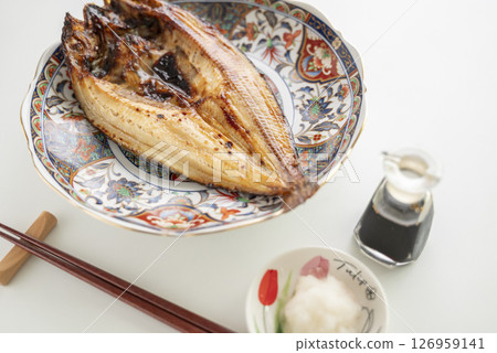 Salt-grilled Atka mackerel served on a decorative plate 126959141