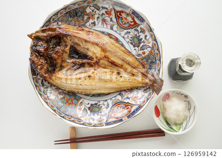 Salt-grilled Atka mackerel served on a decorative plate 126959142