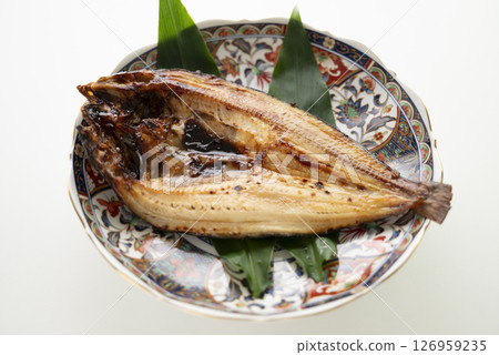 Salt-grilled Atka mackerel served on a decorative plate 126959235