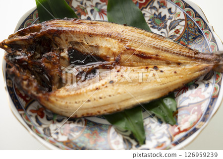 Salt-grilled Atka mackerel served on a decorative plate 126959239