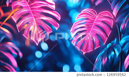 A vibrant and captivating representation of tropical leaves illuminated by a striking blue and pink glow. 126959562