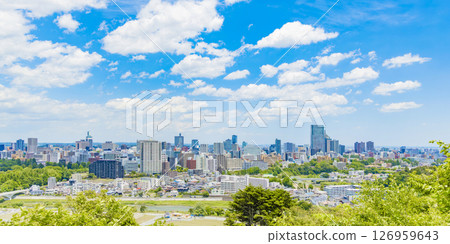 A panoramic view of Sendai city with fresh greenery from the ruins of Aoba Castle 126959643
