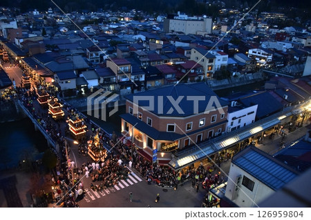 Takayama City, Gifu Prefecture, Japan: Spring Takayama Festival Night Festival: Lantern floats parading after sunset: Aerial view of the street 126959804