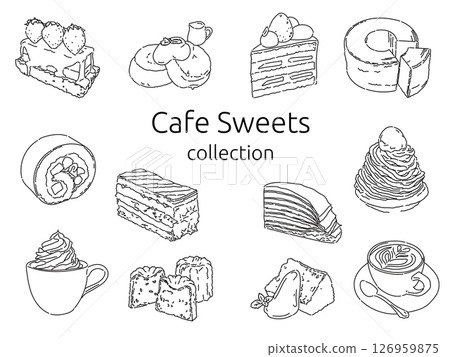 時尚咖啡館的甜點菜單的線條插圖 126959875