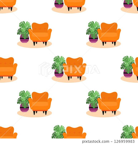 armchair and houseplant seamless pattern 126959983