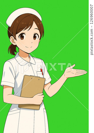 A nurse explaining with her hand out on a green screen 126960007