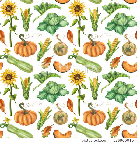 Seamless autumn harvest pattern with pumpkins, zucchini, cabbage, corn, sunflower, leaves. Farm products healthy vegetables, gardening. Hand drawing background for wrapping paper, textiles, design 126960010