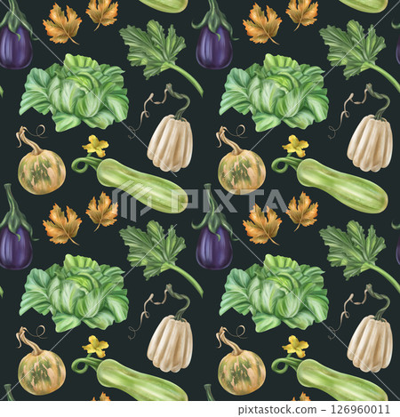 Seamless autumn harvest pattern with pumpkins, eggplant, zucchini, cabbage, maple leaves. Farm products, healthy vegetables, gardening. Hand drawing background for wrapping paper, textiles, design 126960011