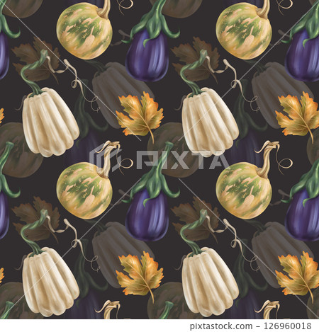Seamless autumn harvest pattern with pumpkins, eggplant, maple leaves. Farm organic products, healthy vegetables, gardening, greens crop. Hand drawing background for wrapping paper, textiles, design Seamless autumn harvest pattern with pumpkins, eggplant, maple leaves. Farm organic products, healthy vegetables, gardening, greens crop. Hand drawing background for wrapping paper, textiles, design 126960018