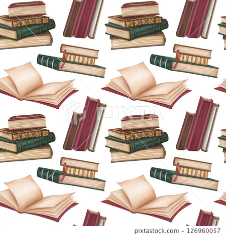 Seamless pattern with antique hardcover books decorated with metal and ornaments. Stacks of books, open empty diary, notebook. Old magic schools, education. Victorian style, information and education Seamless pattern with antique hardcover books decorated with metal and ornaments. Stacks of books, open empty diary, notebook. Old magic schools, education. Victorian style, information and education 126960057