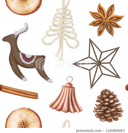 Seamless Christmas pattern made of natural organic decorations, pine branch, cone, orange, cinnamon. Sustainable Christmas celebration, winter recyclable materials. Hand drawn drawing, background 126960061