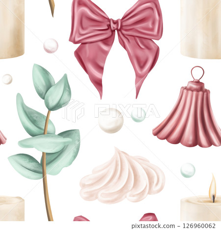 Seamless pattern of vintage pastel bow, bell, candle, eucalyptus, cream. Romantic beautiful digital illustration, repeating background. Natural decoration, invitations design, date, greeting card Seamless pattern of vintage pastel bow, bell, candle, eucalyptus, cream. Romantic beautiful digital illustration, repeating background. Natural decoration, invitations design, date, greeting card 126960062