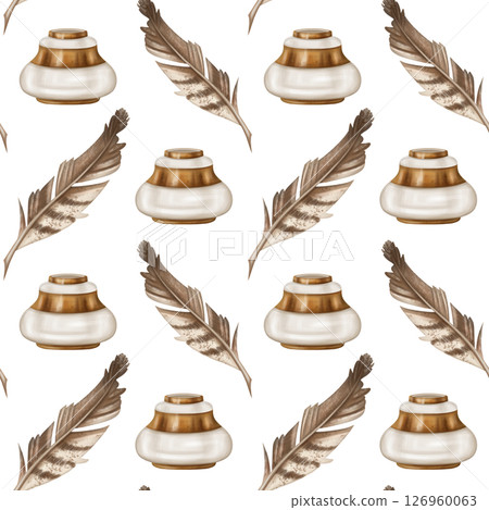 Seamless pattern with gold decorated inkwell and bird pen for writing. Retro style, royal atmosphere. Vintage jewelry for letters, postcards, invitations, Gothic, Victorian and classical styles 126960063