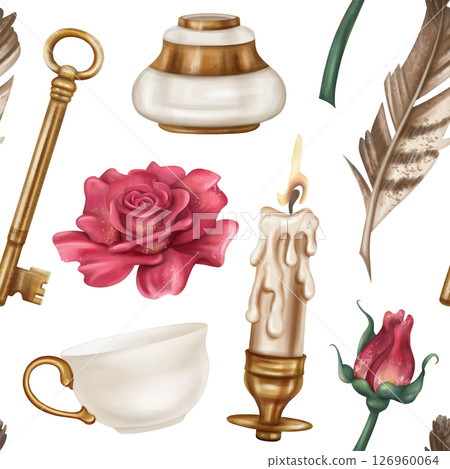 Seamless pattern with retro inkwell and writing pen, teacup, red roses, gold candle holder, key. Royal atmosphere, Gothic. Old vintage decorations in classic style. Office supplies, postcard design 126960064