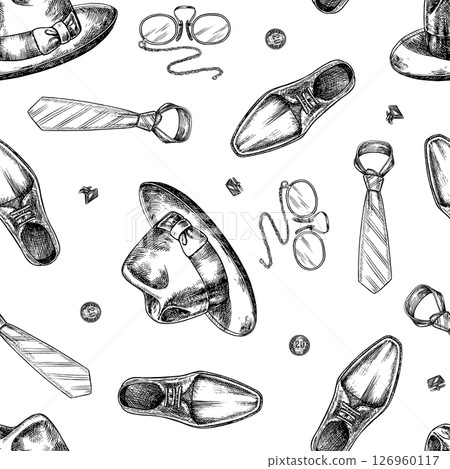 Seamless men s-themed pattern. A man s hat, boots, and tie. Handmade vector illustration. Black and white image. For textiles, printing, wrapping paper, packaging and more. 126960117