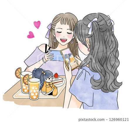 Illustration of a woman taking photos of her favorite stuffed animal at a cafe 126960121