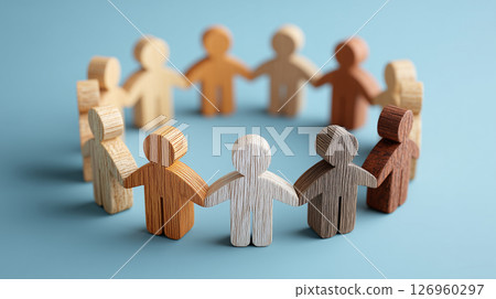 Warm teamwork with figures made of various woods holding hands | Natural texture 126960297