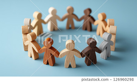 Warm teamwork with figures made of various woods holding hands | Natural texture Warm teamwork with figures made of various woods holding hands | Natural texture 126960298