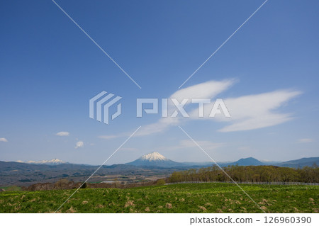 Panoramic views of the snow-capped Niseko mountain range and Mt. Yotei from the ranch Panoramic views of the snow-capped Niseko mountain range and Mt. Yotei from the ranch 126960390