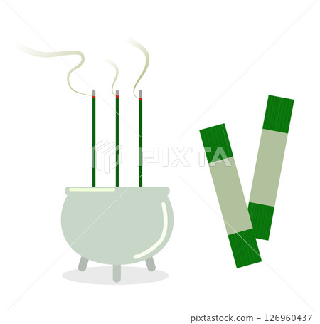 Illustration of a set of incense sticks and incense burner (Buddhist altar equipment) 126960437