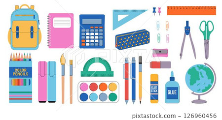 Back to school. Set of school supplies and stationery. Vector illustration. 126960456