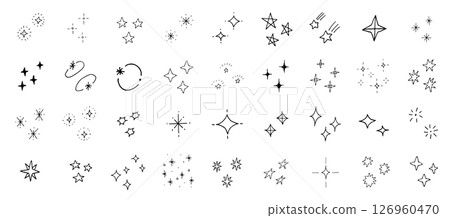 閃閃發光的手繪星光向量插圖。一組塗鴉圖標。耀眼奪目、閃閃發光的明亮派對燈。 126960470