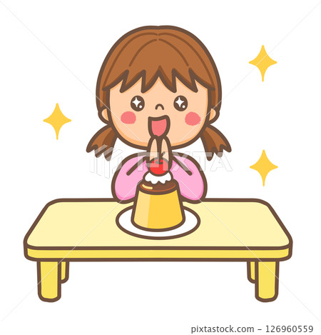 一個女孩在布丁甜點前看起來很開心的插圖 126960559