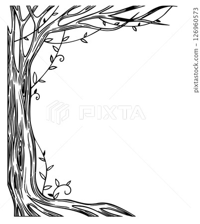 vector drawing, black and white magic forest frame. silhouette of a fabulous, magical tree. design for halloween. frame for cards, books vector drawing, black and white magic forest frame. silhouette of a fabulous, magical tree. design for halloween. frame for cards, books 126960573