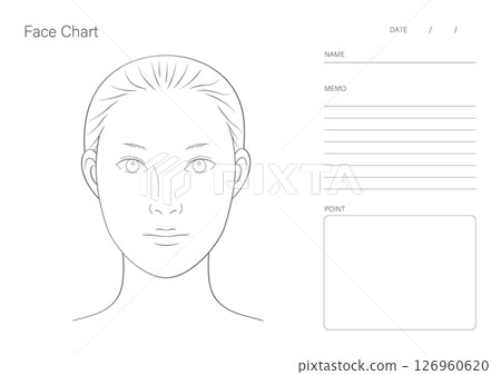 A4 horizontal face chart template for makeup practice and beauty counseling (female, line drawing, memo section included) A4 horizontal face chart template for makeup practice and beauty counseling (female, line drawing, memo section included) 126960620