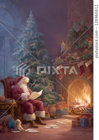 Santa Claus reading a letter in front of the fireplace 126960811