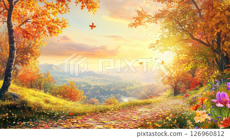 秋葉環繞的山間小路 126960812