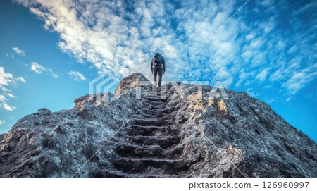 A lone hiker climbs a rugged stone staircase carved into the mountain 126960997