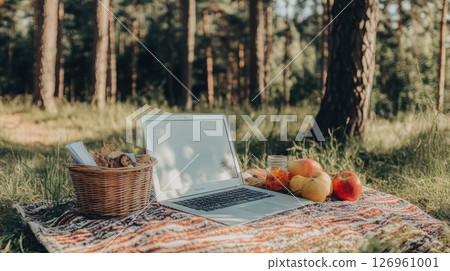 a cozy picnic setup in a forest with a laptop, fruit, snacks, and a woven basket arranged on a patterned blanket 126961001