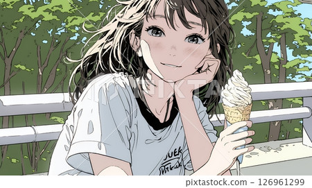A young woman eating soft serve ice cream (ice cream in a cone) under the summer sky 126961299