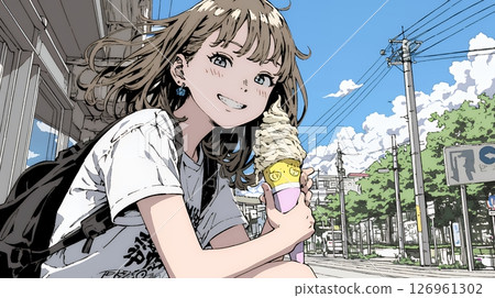 A young woman eating soft serve ice cream (ice cream in a cone) under the summer sky 126961302