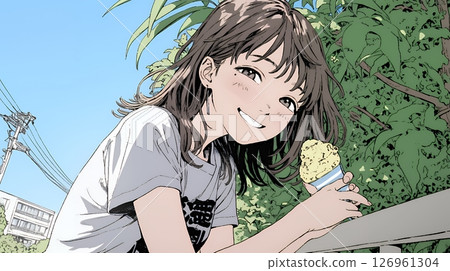A young woman eating soft serve ice cream (ice cream in a cone) under the summer sky 126961304