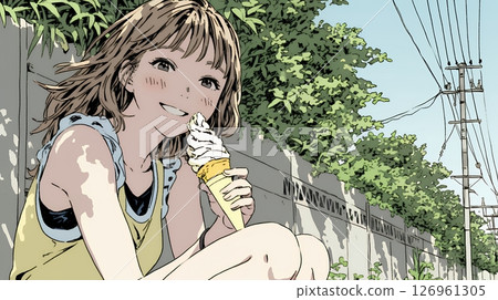 A young woman eating soft serve ice cream (ice cream in a cone) under the summer sky 126961305