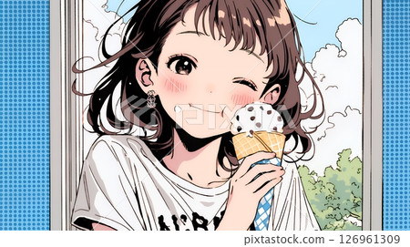 A young woman eating soft serve ice cream (ice cream in a cone) under the summer sky 126961309