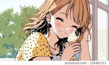 A young woman eating soft serve ice cream (ice cream in a cone) under the summer sky 126961311