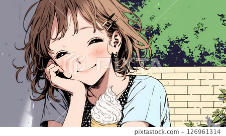 A young woman eating soft serve ice cream (ice cream in a cone) under the summer sky 126961314