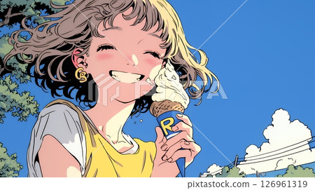 A young woman eating soft serve ice cream (ice cream in a cone) under the summer sky 126961319