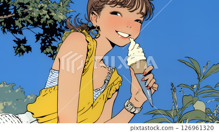 A young woman eating soft serve ice cream (ice cream in a cone) under the summer sky 126961320
