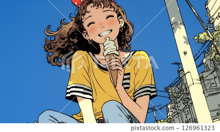 A young woman eating soft serve ice cream (ice cream in a cone) under the summer sky 126961323