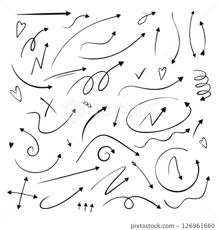 Vector set icons of abstract curved bold arrows Hand drawn grunge pointer. Isolated line for design. 126961660