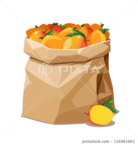 Paper bag full of mango . Vector fruit illustration in flat style. Summer clipart for diet design Paper bag full of mango . Vector fruit illustration in flat style. Summer clipart for diet design 126961663