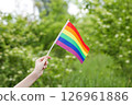 Teenager Holds Rainbow Flag LGBT in his Hands. Pride Month. Lesbian Gay Bisexual Transgender. Love, human rights, tolerance 126961886