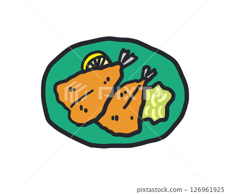 Roughly drawn illustration of fried horse mackerel with lemon and cabbage 126961925