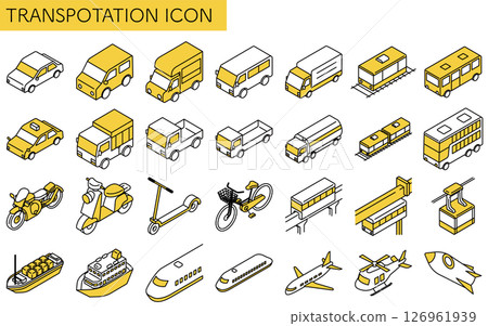車輛圖示集，自行車、摩托車、汽車、公共交通等的簡單可愛的等距線條藝術。 126961939